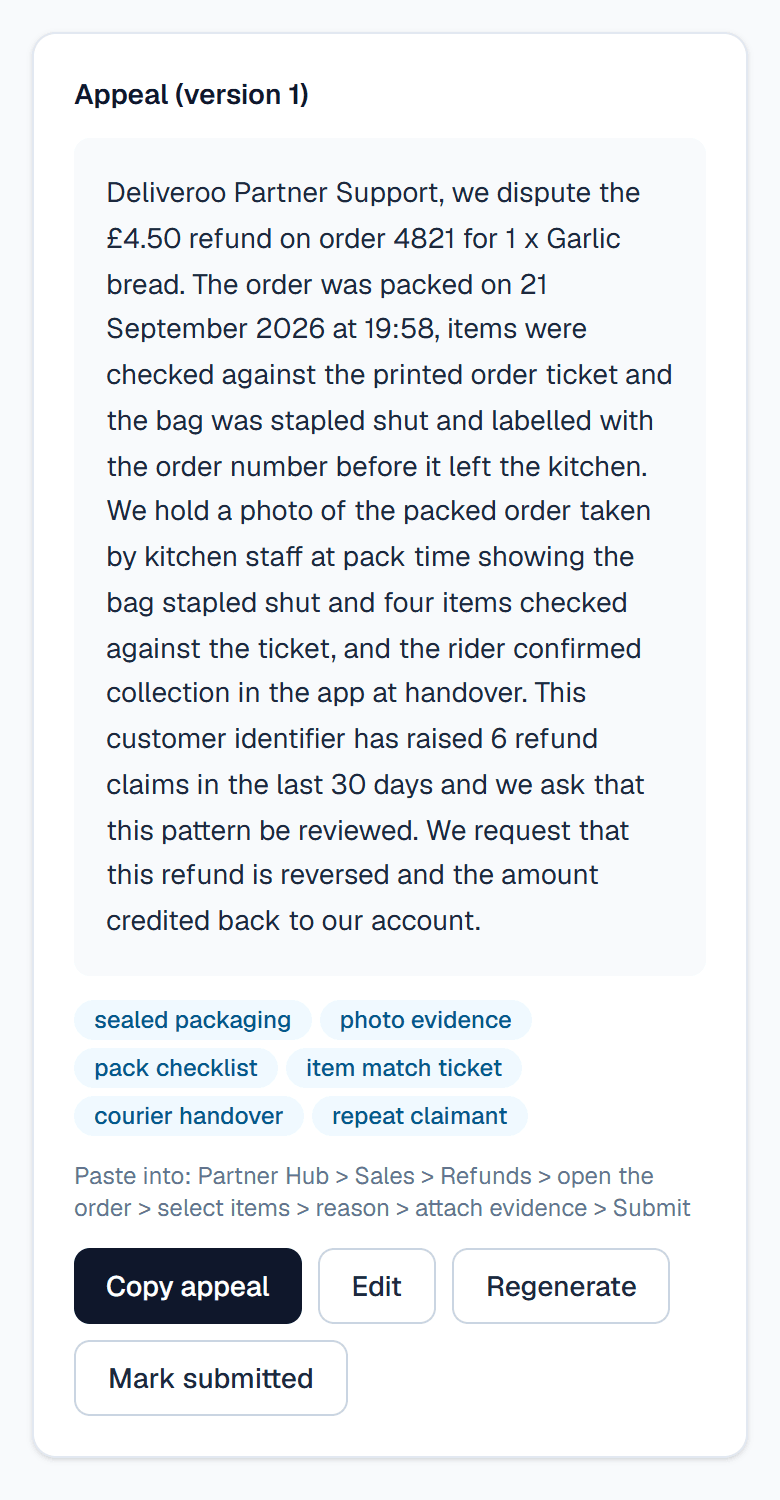 A drafted appeal citing the packing time, the order ticket check and the stapled bag, ready to copy into the platform portal