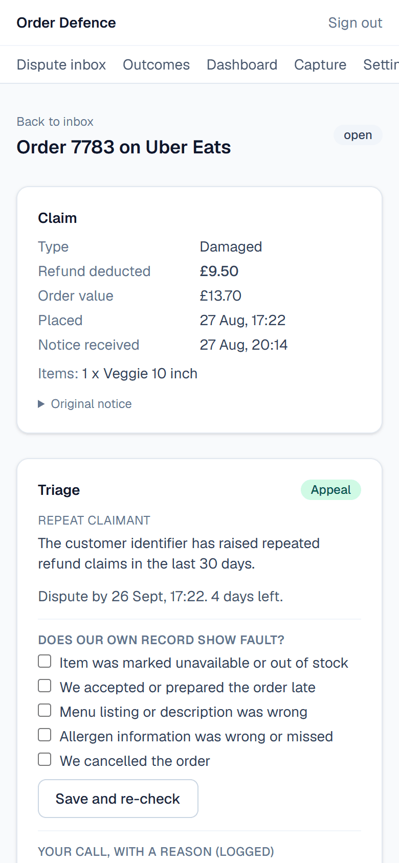 An Uber Eats refund flagged for appeal because the customer identifier has raised repeated refund claims, with four days left to dispute