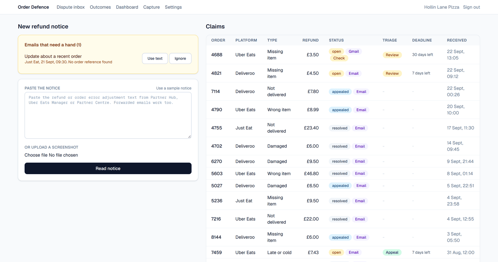 The Order Defence inbox listing refund claims from Deliveroo, Uber Eats and Just Eat with status, triage and deadline
